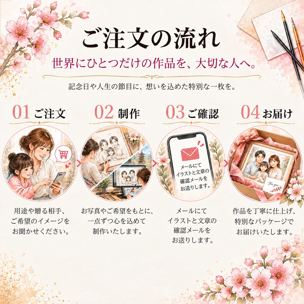 ご注文の流れ　01ご注文　02制作　03ご確認　04お届け