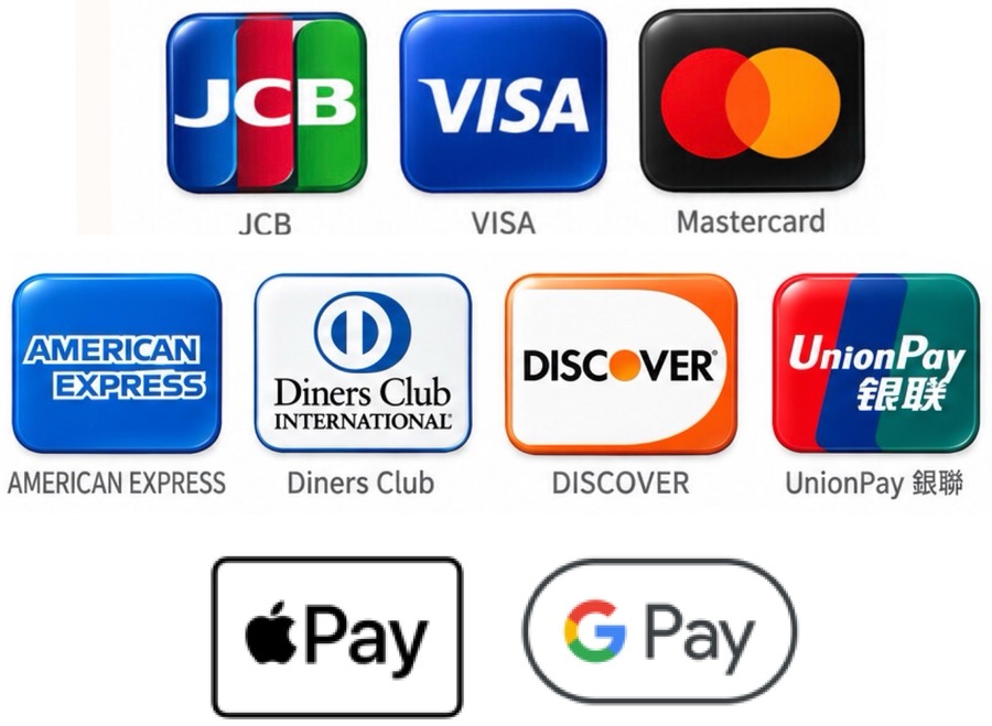 ご利用いただけるお支払い方法（JCB・VISA・Mastercard・AMERICAN EXPRESS・Diners Club・DISCOVER・UnionPay・Apple Pay・Google Pay）